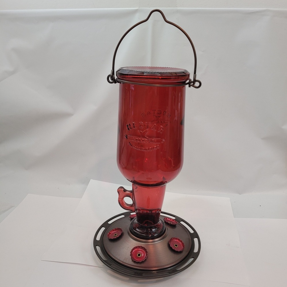 CB & Sons Nectar Hummingbird Feeder Red Glass Metal Vintage Hanging Outdoor 20oz